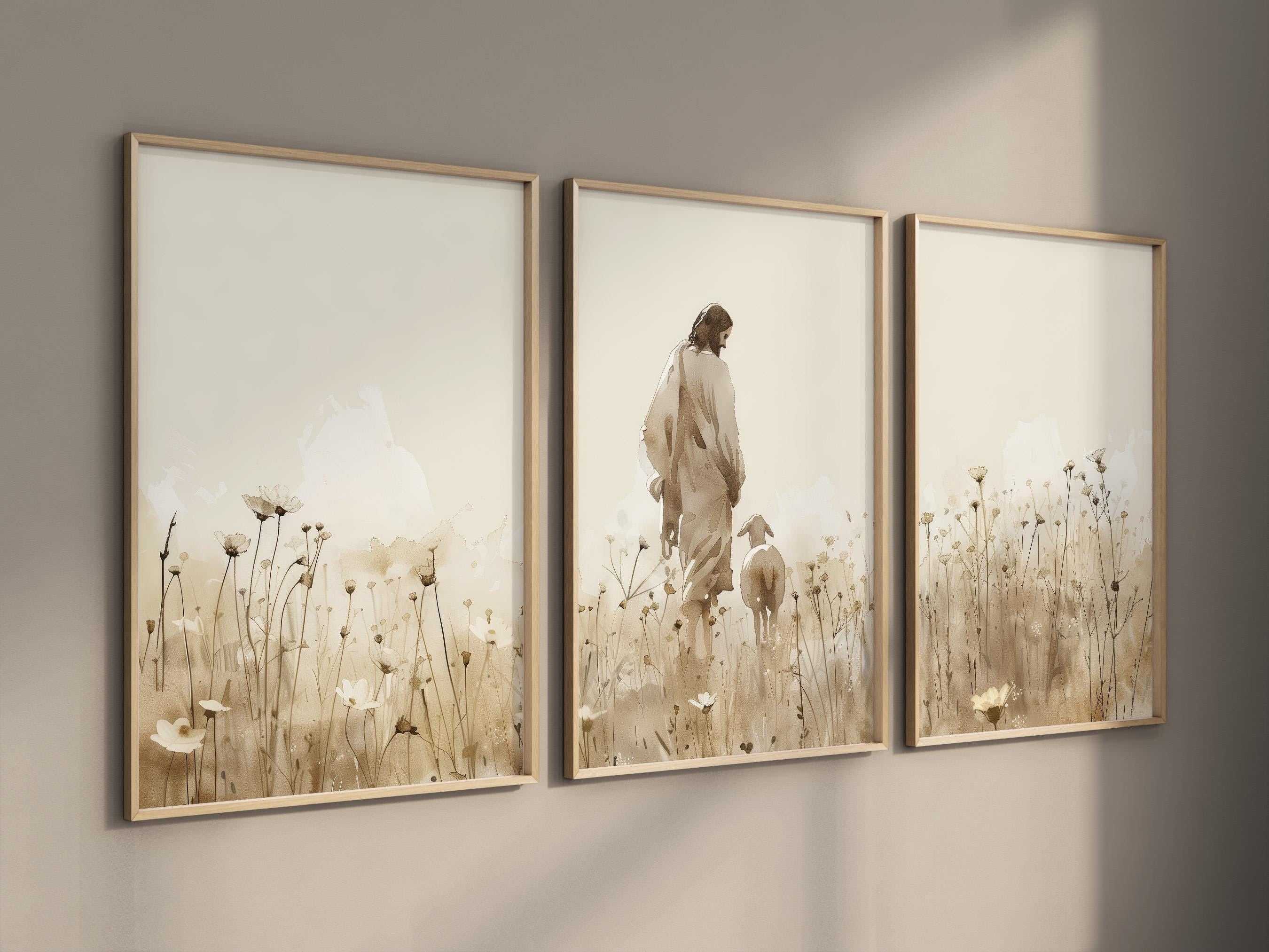 Jesus & Lost Sheep on a Wild Flower Field, Set of 3, Beige Bible Prayer, Christian Faith Shepherd, God Follower